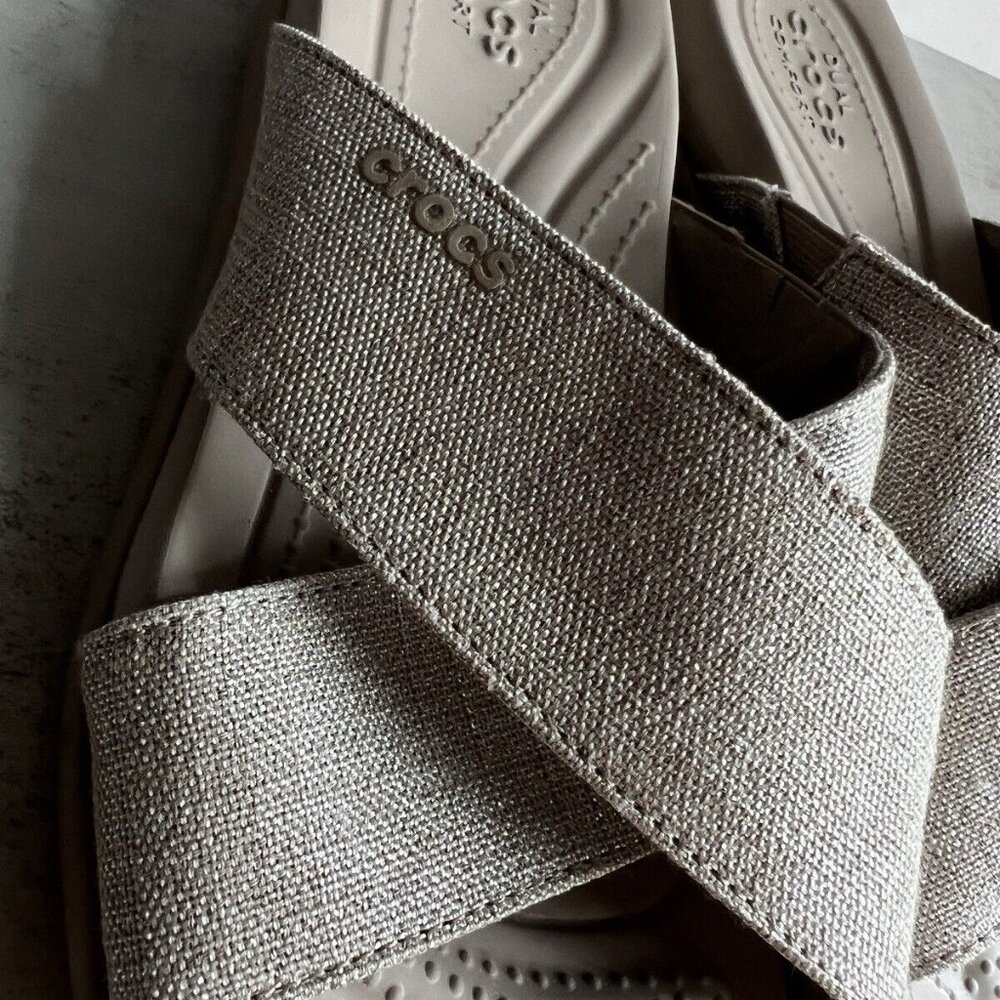 CROCS Women's Metallic Taupe Cross-Band Sandals - Picture 14 of 16
